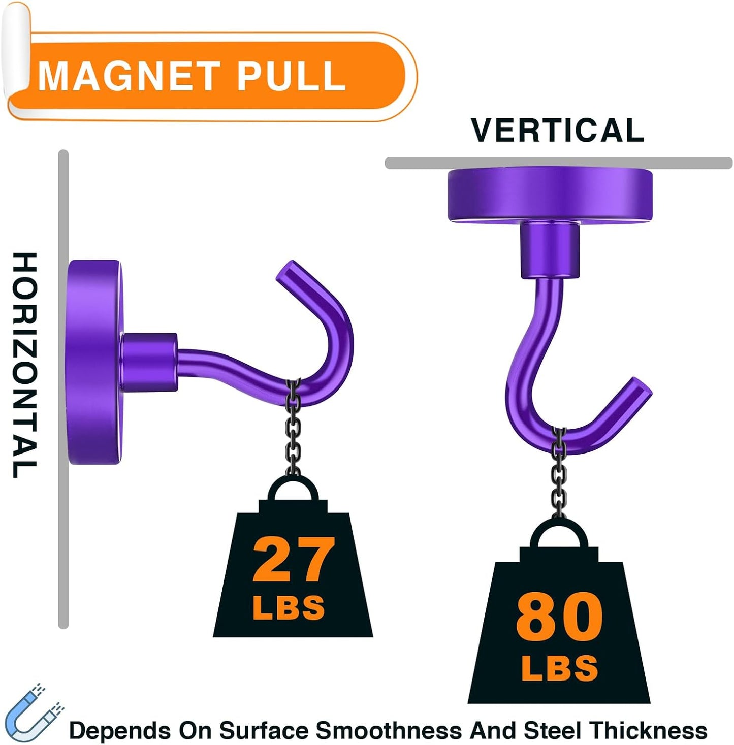 MIKEDE Magnetic Hooks,80LB Heavy Duty Magnets with Hook for Fridge, Super Strong Magnets Neodymium Extra Strength Industrial Hooks for Hanging, Toolbox, Cruise(Purple, 4 Pack)