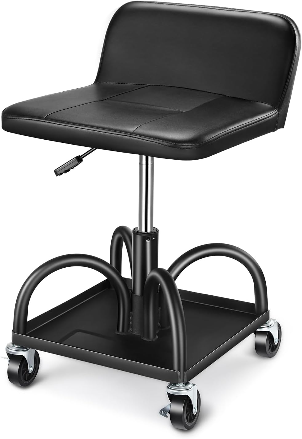 DNA MOTORING Rolling Padded Seat Adjustable Height Seat 330lbs Capacity Rolling Mechanic Creeper Stool, W/Tool Storage Drawer & Tray, Black, TOOLS-00600