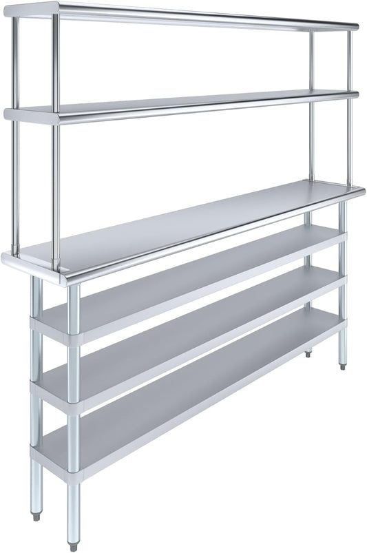 Amgood 14" x 72" Stainless Steel Work Table with 3 Shelves and 12" Wide Double Tier Overshelf | Metal Kitchen Prep Table & Shelving Combo | NSF