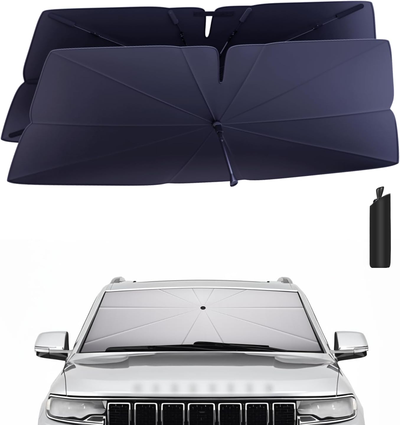 Windshield Sun Shade Umbrella for 2022-2025 Jeep Wagoneer Accessories: Custom Fit 240T Silver, Double Thickened, Foldable Sunshade Window Sun Visor, Ultimate 99% UV Blocking for Series I/II/III