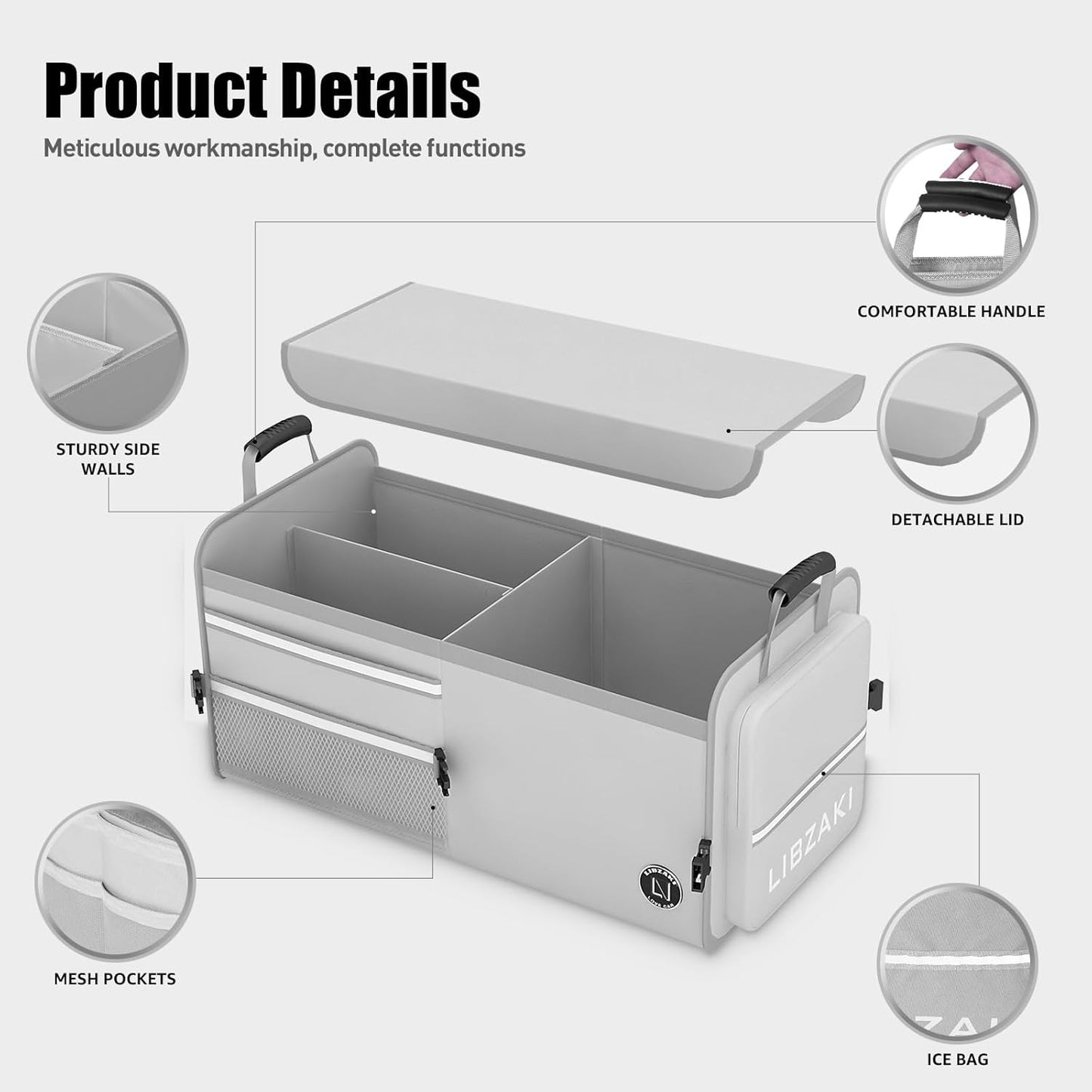 LIBZAKI Car Trunk Storage Organizer, Multi Compartment Collapsible Trunk Storage Box for Car Truck SUV-Gray