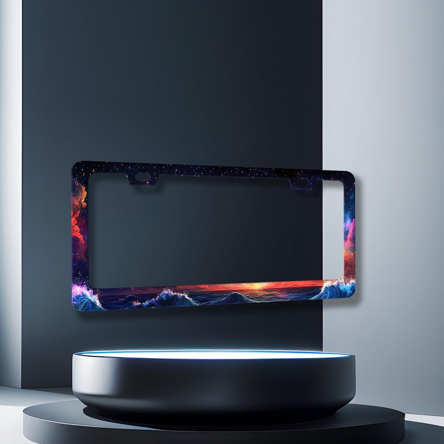 Waves Starry Sky Galaxy License Plate Frame Galaxy License Plate Holder Stainless Steel Funny Colorful Car Accessories Decoration 6.3" X 12.3" with 2 Holes Screws