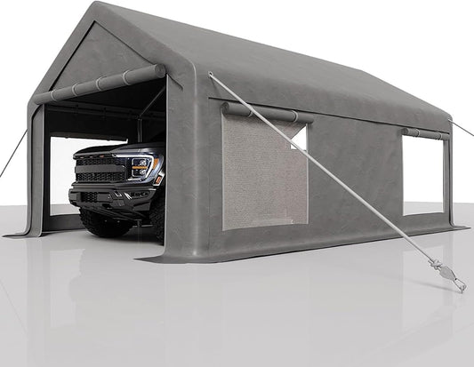 12 x 20FT Heavy Duty Carport with Roll-Up Windows, Portable Garage with Removable Sidewalls & Doors, Portable Car Tent Garage with Roll-Up Windows and All-Season Tarp, for Car, Truck,