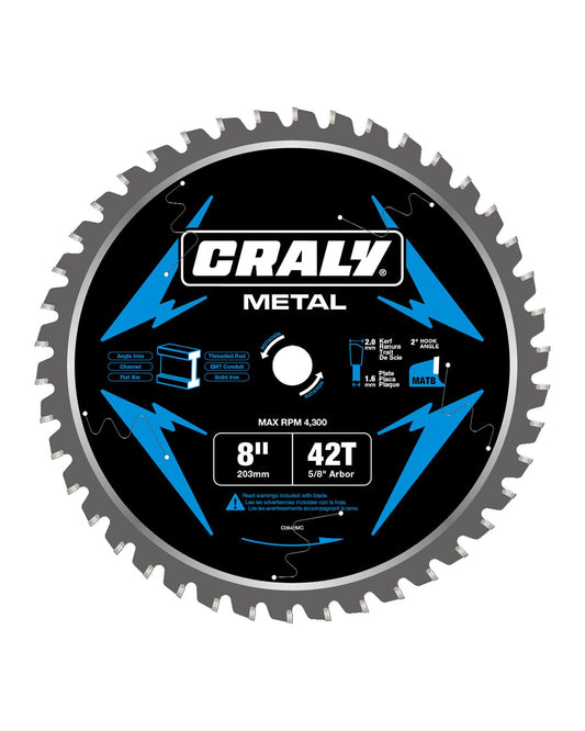 CRALY 8 Inch 42 Teeth Steel and Ferrous Metal Cutting Circular Saw Blade, 5/8 Inch Arbor, Thin Kerf, Professional Carbide Tipped Blade for Angle Iron, Threaded Rod, EMT Conduit(C0842MC)