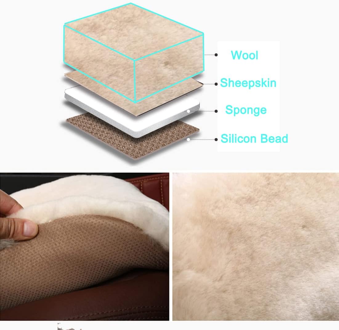 Fluffy Genuine Sheepskin Car Seat Cover for Auto Fuzzy Interior Accessories Cushion with Soft Wool Natural Fur Non-Slip (Pearl, Back)