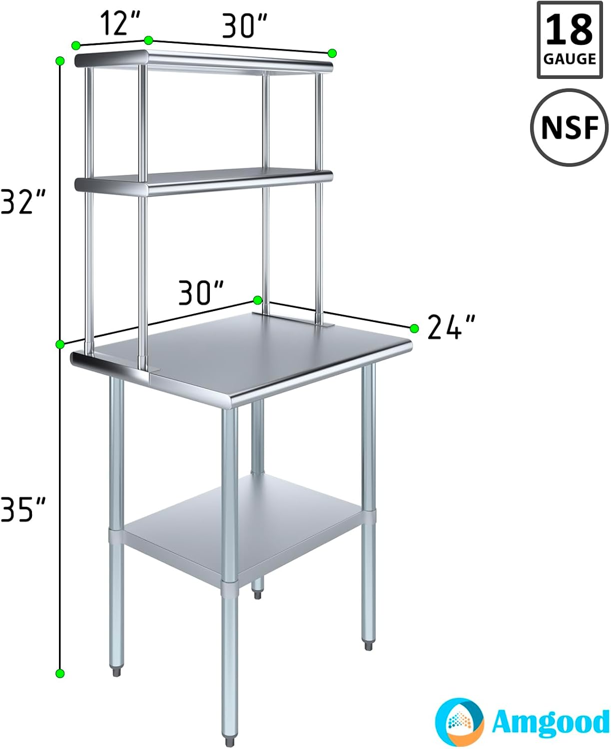 Amgood Stainless Steel Work Table Double Tier Overshelf | Metal Kitchen Prep Table & Shelving Combo (24" x 30" Work Table + 12" Overshelf)