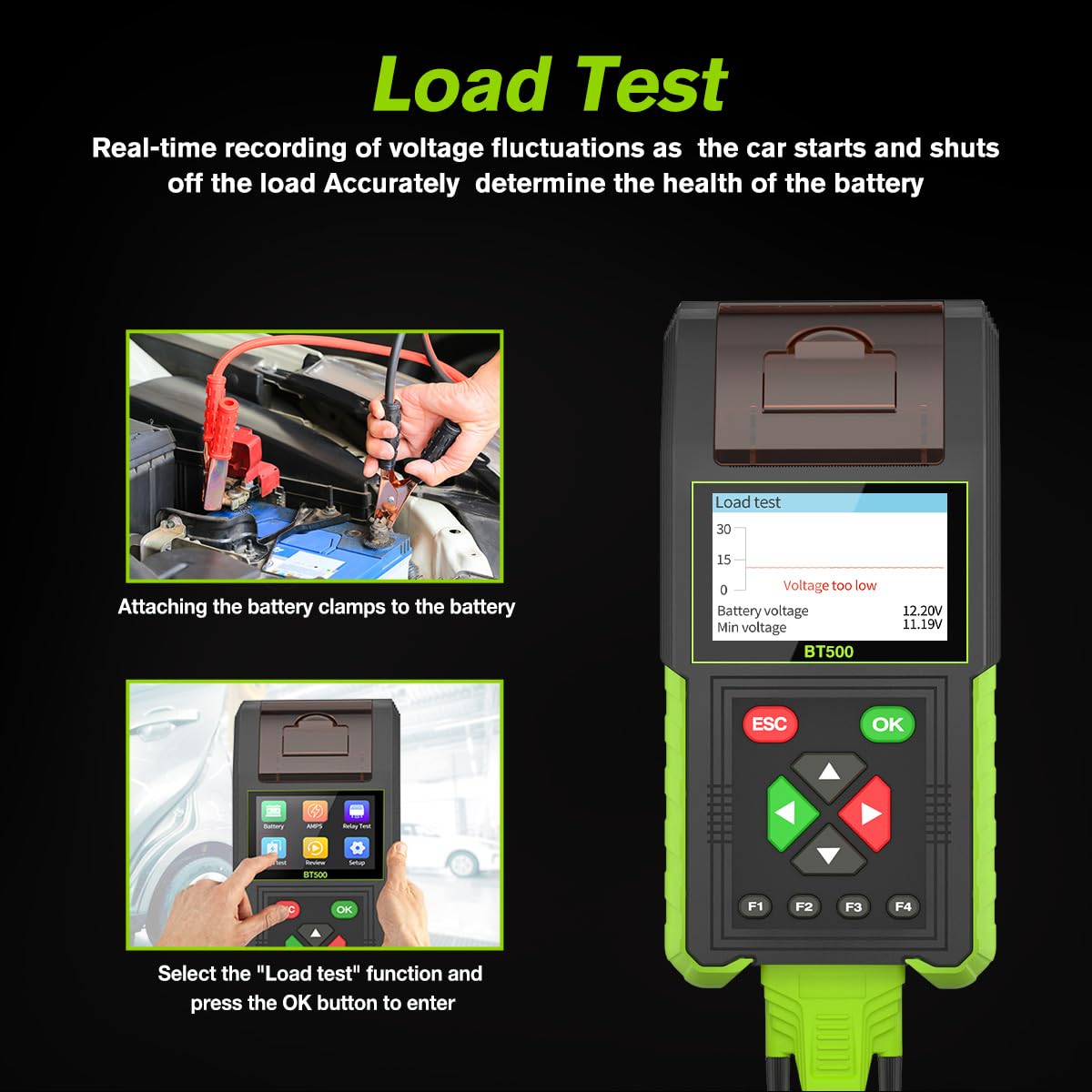 Automotive Battery Tester with Printer, 12V 24V Car Battery Load Tester and Alternator Tester, 20-2000 CCA Battery Capacity Tester, Relay Tester, Leakage Test for Heavy Duty Truck, BT500