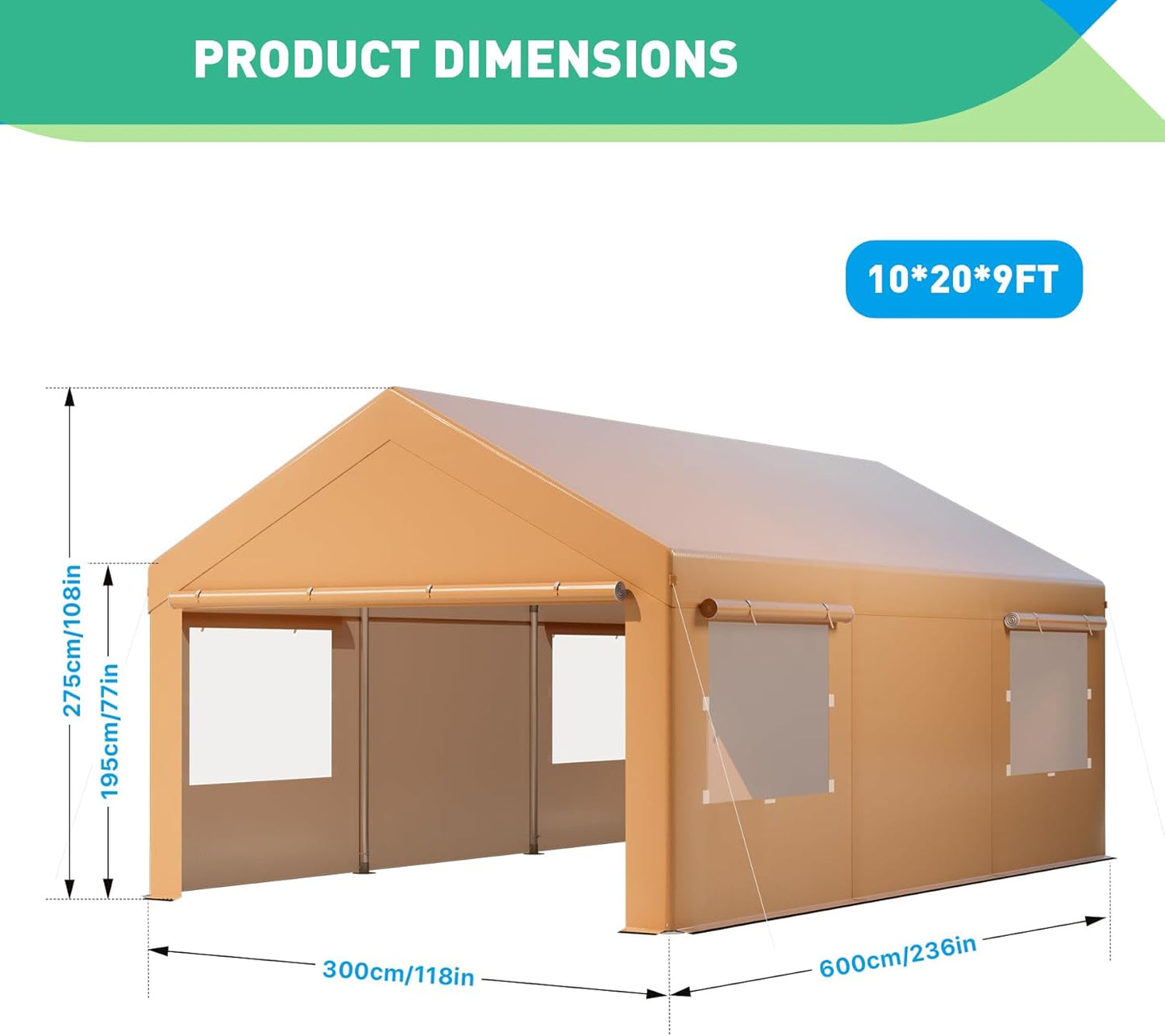10X20 Ft Heavy Duty Carport Canopy, Portable Garage, Car Tents, Easy to Assemble, Reinforced Structure, with Hanging Edge, Applicable to Car, Bike, Boat, Party (Yellow)