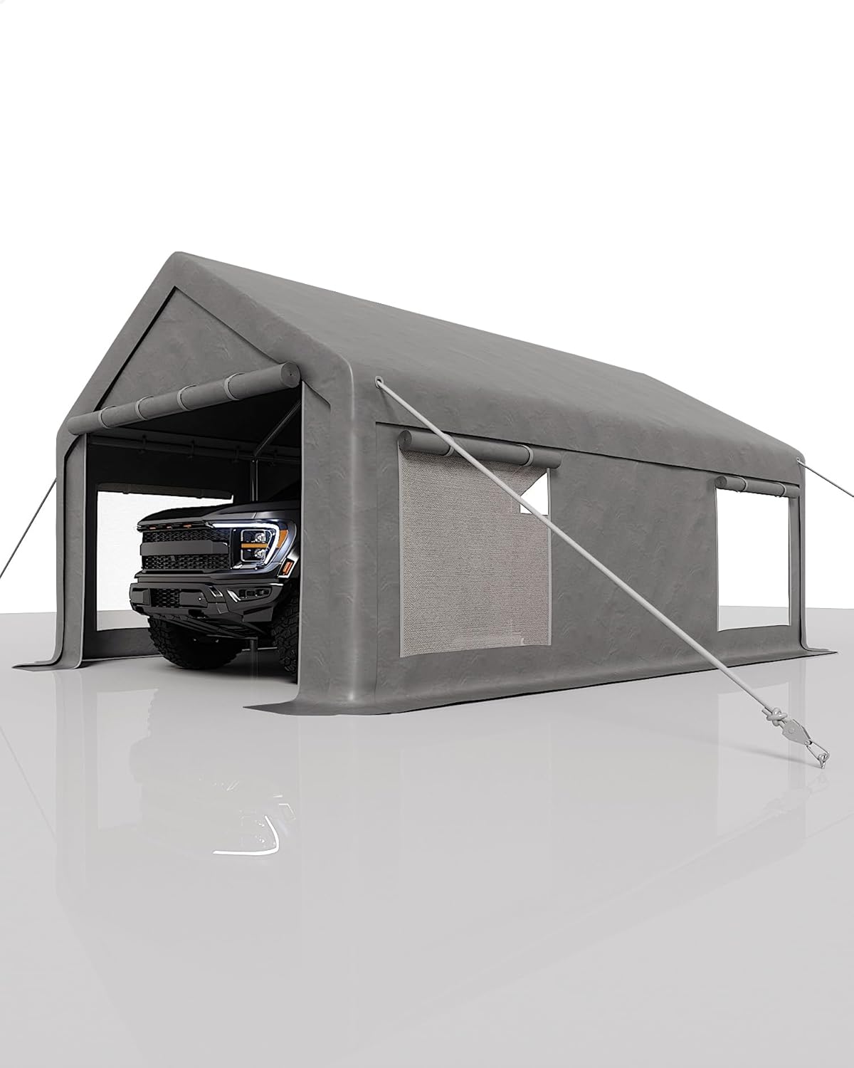 10x20 Ft Carport, Car Port with 200g PE Tarp, Roll-Up Doors, and 4 Windows, for Sedans, Bass Boats, Motos, ATVs, and SUVs, Gray