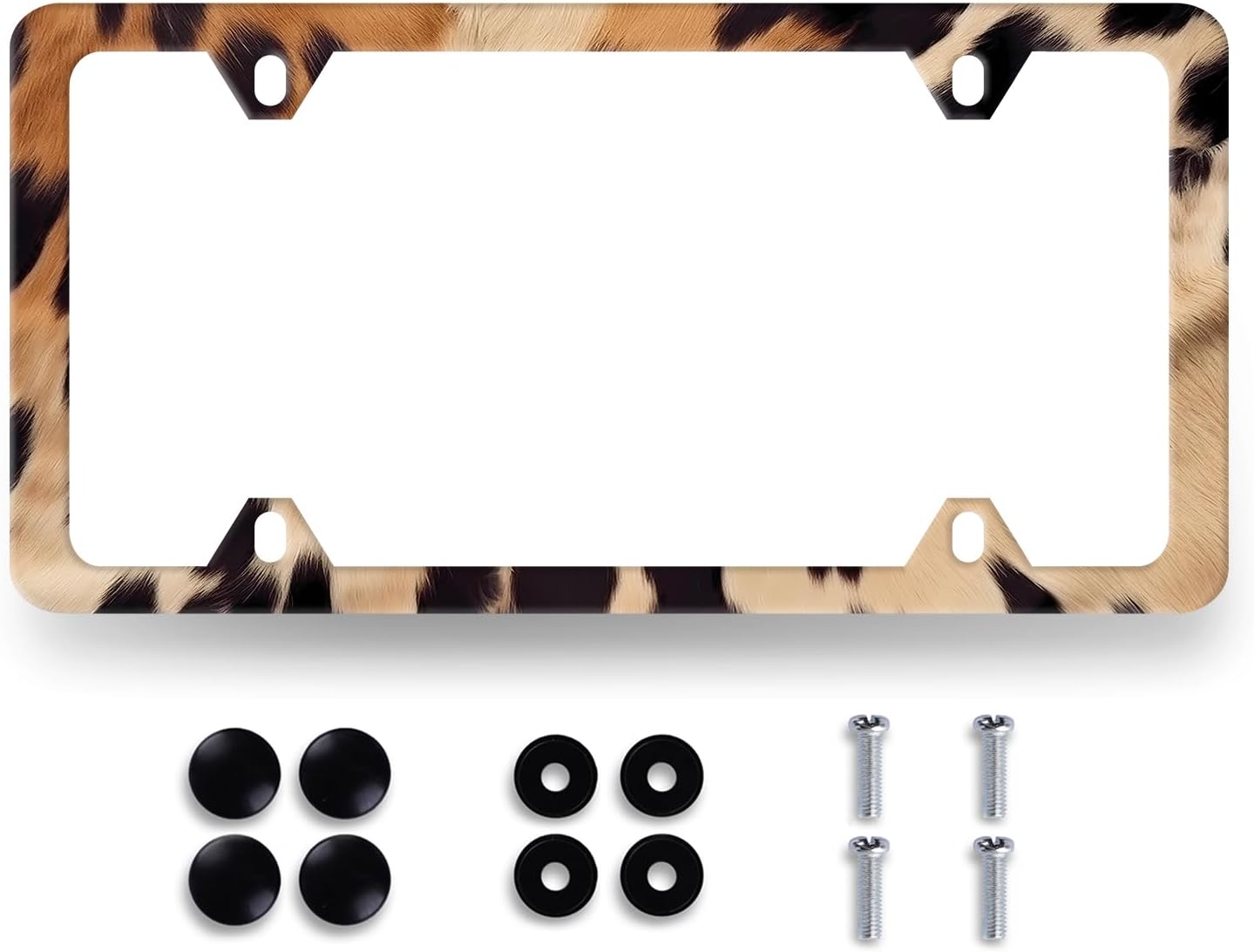 Vintage Brown White Cow Print License Plate Frame Animal Spots License Plate Stainless Steel Colorful Accessories Cars Decor 12.2 X 6.2 Inch with 4 Holes and Screws Fits Standard Us Ca Vehicles