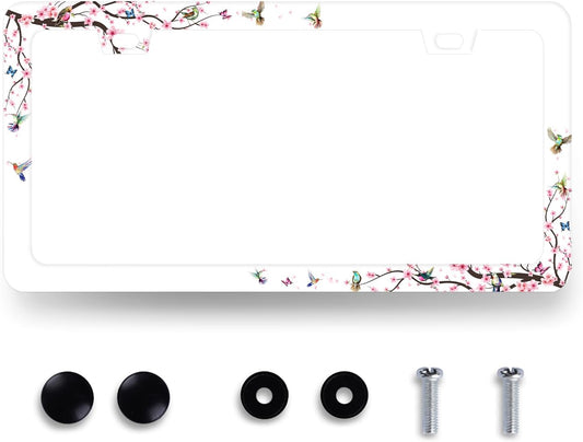 Hummingbird License Plate Frame Cherry Blossom Pink Flower License Plate Holder Colorful License Plate for Car Decoration Stainless Steel Bird Car Accessories with Screws Women 12.3"x6.3"