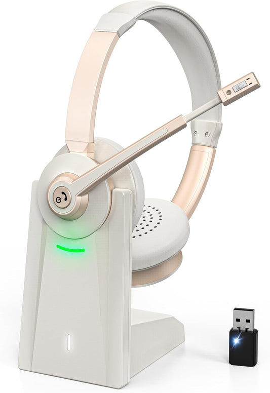 Wireless Headset with Mic for Work, Bluetooth Headset with AI Noise Canceling Microphone, Wireless Headphones with USB Dongle, Charging Base & Mic Mute for for PC/Cell Phones/Call Center/Teams