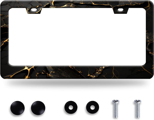 Marble License Plate Frame Black Gold Marble Printed License Plate Stainless Steel Funny License Plate Holder Men Women Colorful Car Accessory Decoration 12.3" x 6.3"