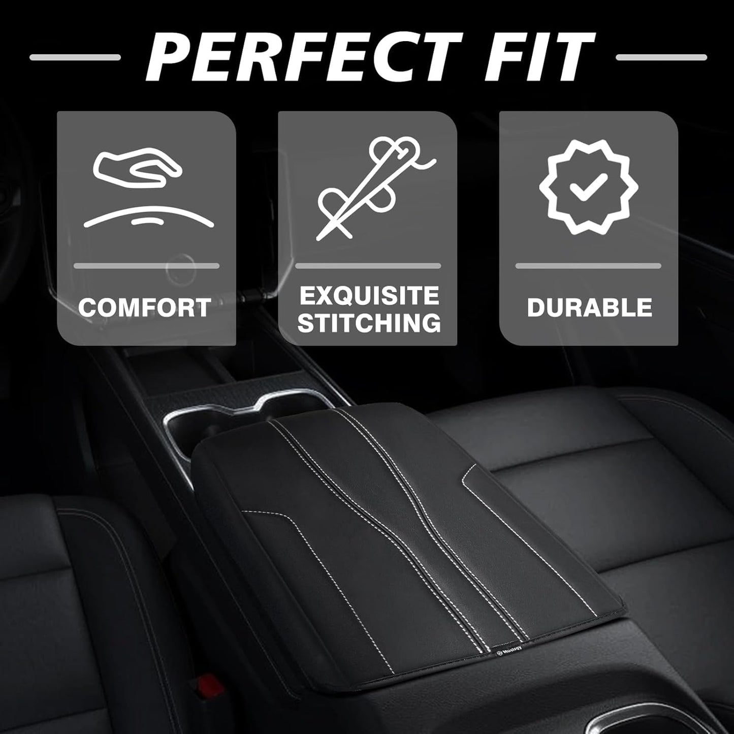 Muslogy Armrest Cover Center Console Cover Compatible with 2024 2025 GMC Acadia & Chevrolet Chevy Traverse Accessories Vegan Leather Arm Rest Middle Console Protector (Black/White Stitching)