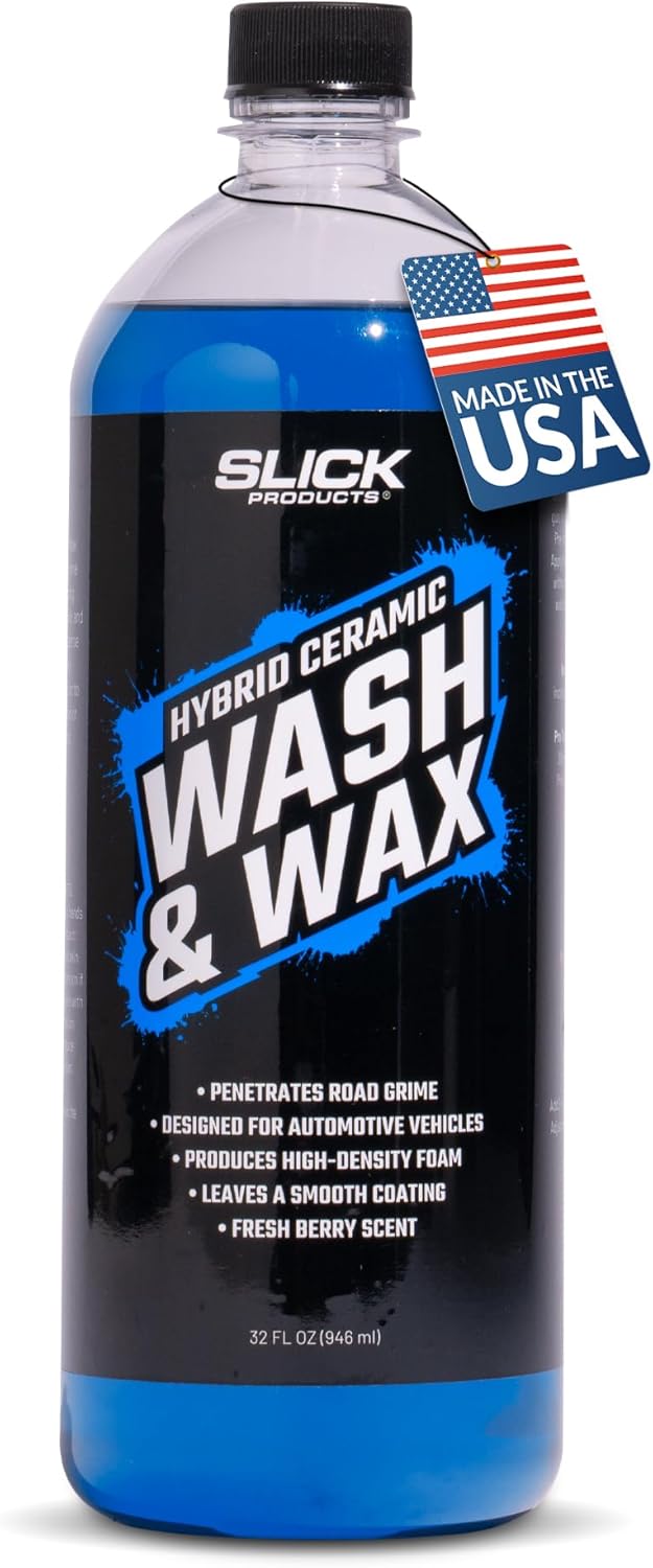 Slick Products Wash & Wax Extra Thick Foaming Cleaning Solution Motorcycle, Truck, Trailer, Boat, Car Wash Soap - Works With Foam Cannon, Foam Gun, Sprayers, Buckets, 32 oz., Tropical Scent