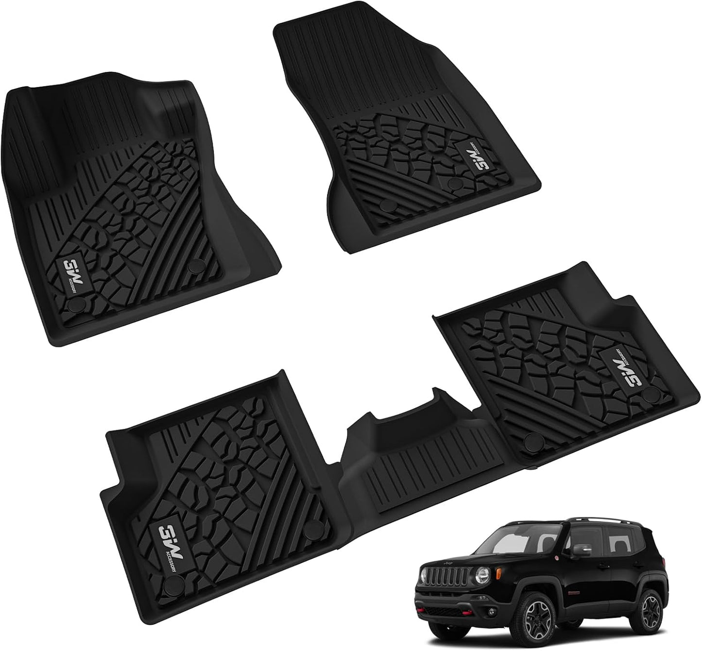 3W Floor Mats Fit for Jeep Renegade 2015-2023 TPE All Weather Custom Fit Floor Liner for Jeep Renegade 1st and 2nd Row Full Set Car Liners Black