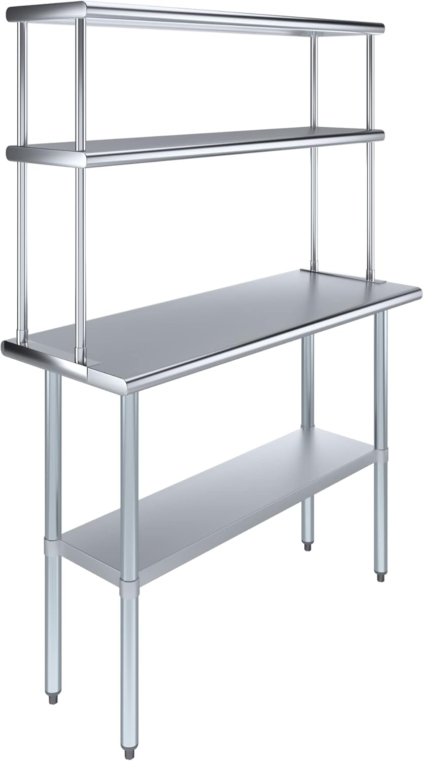 Amgood Stainless Steel Work Table Double Tier Overshelf 18" x 48" Work Table + 12" Overshelf