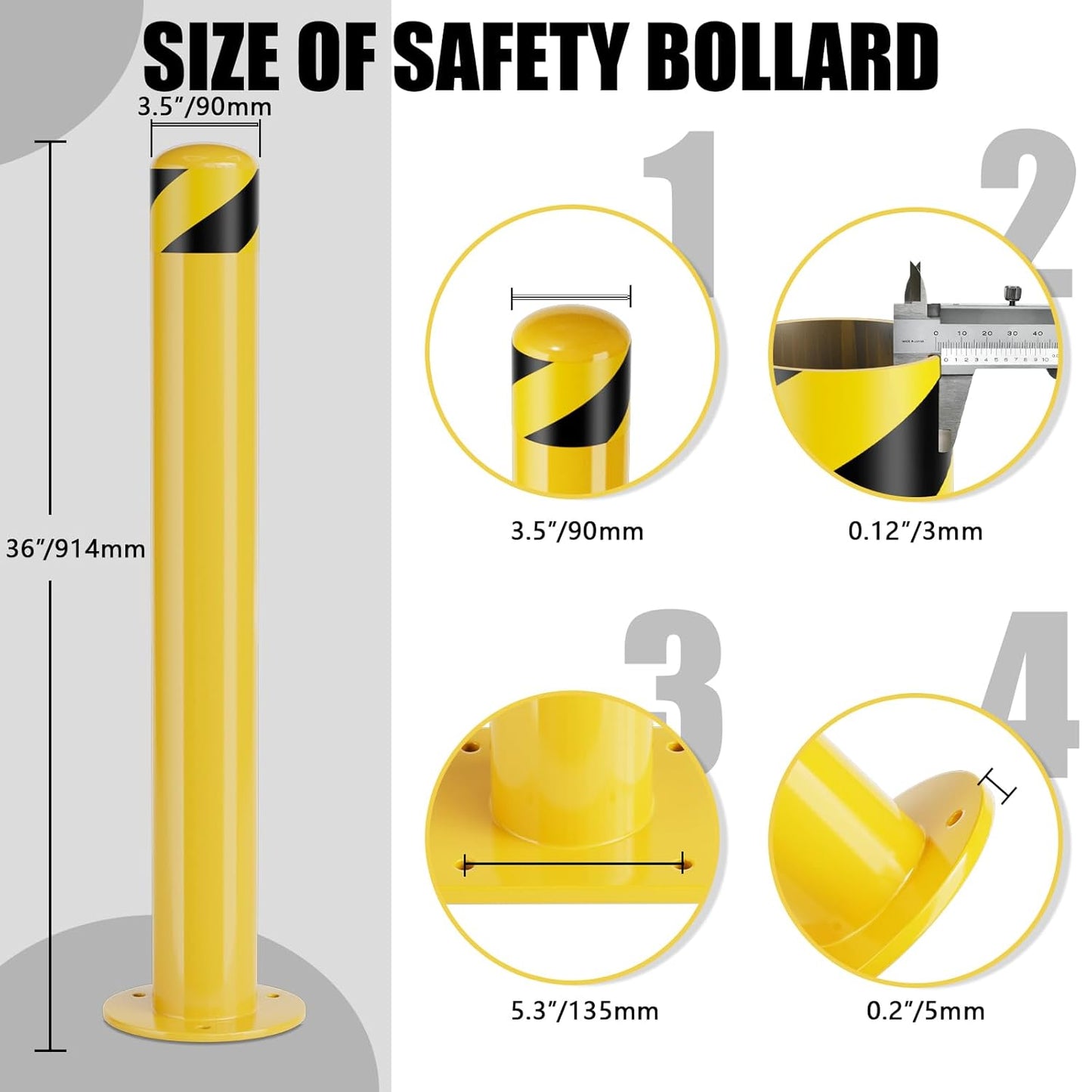 Safety Bollard Post, 36 Inch Height Steel Bollards, 4.5 Inch Diameter Parking Bollard, Yellow Powder Coated Safety Parking Barrier Post, for Traffic Sensitive Areas,3P
