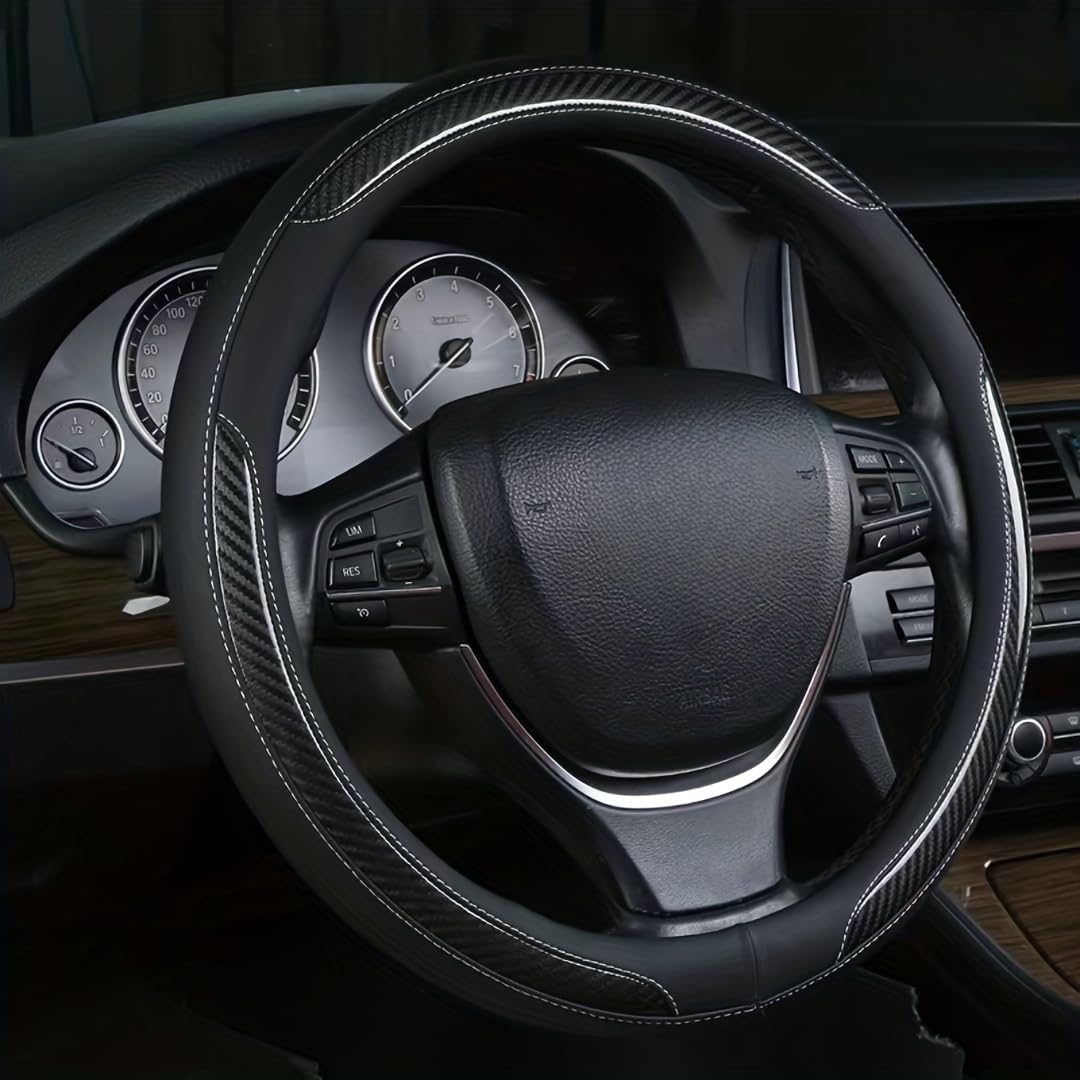 New Leather Car Steering Wheel Cover, Non-Slip Car Wheel Cover Protector Breathable Microfiber Leather Universal Fit for Most Cars(Black)