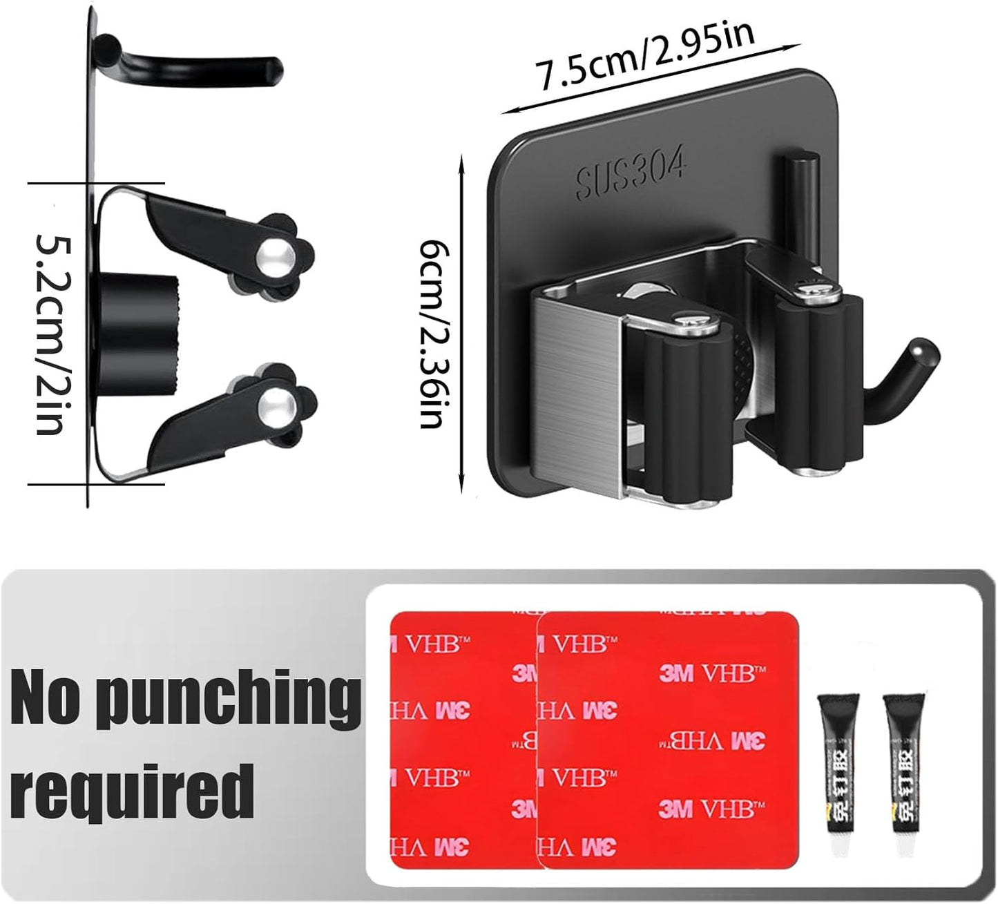 Stainless Steel Mop and Broom with Hook, Heavy Duty Rust Resistant Self Adhesive Mop and Broom Holder Wall Mount for Bathroom, Kitchen, Office, Garden, Garage, With 3M VHB Sticky Pads