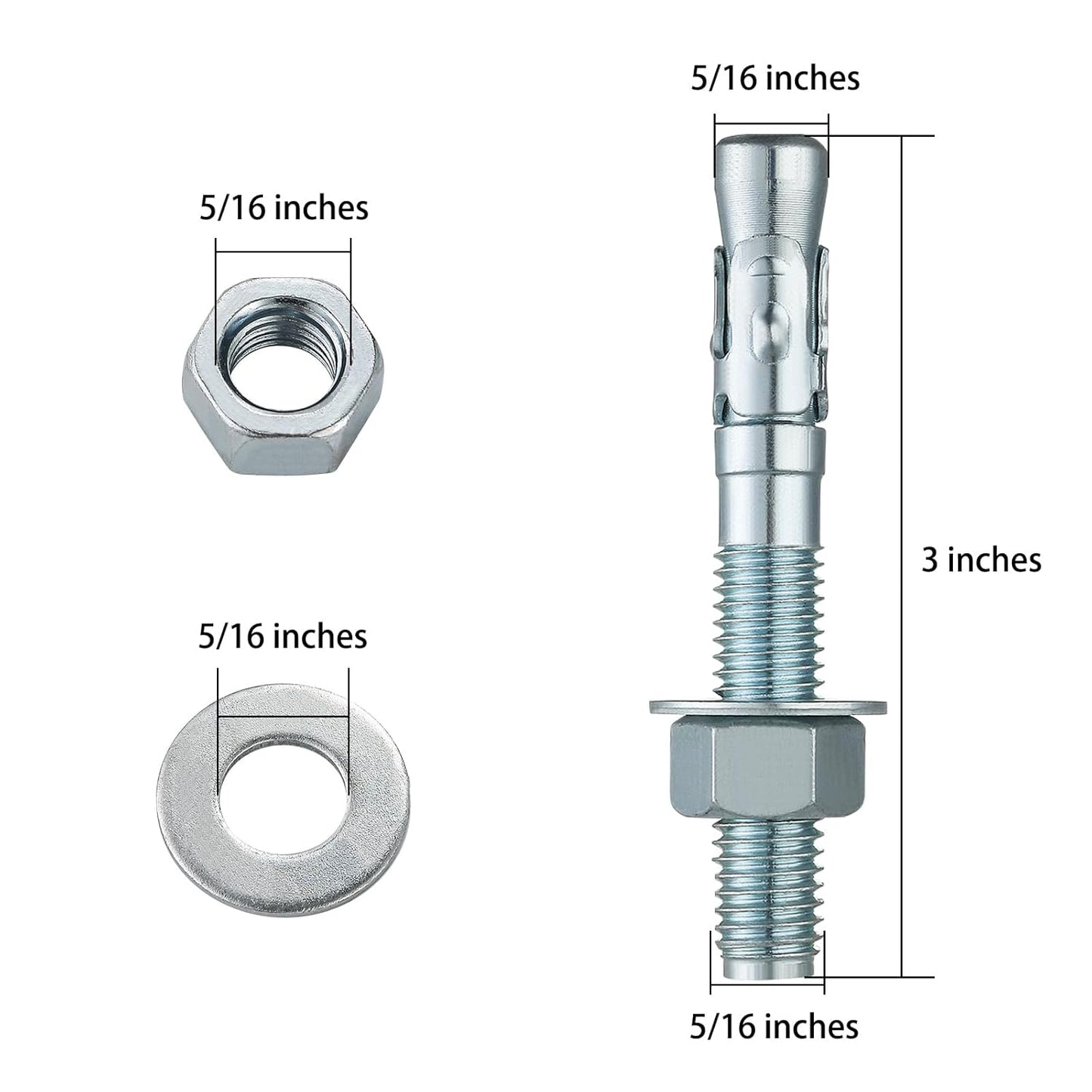 5/16x3" 100Pcs Inch Standard Fasteners for Heavy-Duty Zinc Wedge Anchors for Cement and Concrete