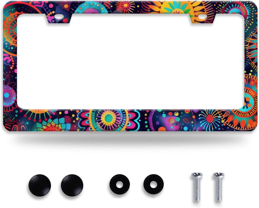 Fantasy Colorful Mandala License Plate Frame Boho Flowers License Plate Holder Funny Personalise Car Stainless Stee Decorative Parts for Standard Us Canada Vehicles 12x6 Inch for Women Men