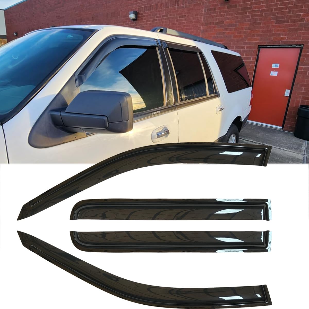 4pcs Original Shatterproof Outside Mount Style Sun Rain Guard Shields Side Window Wind Deflectors Dark Smoke Vent Window Visors for 1997-2017 Expedition / 1998-2017 Lincoln Navigator 94233