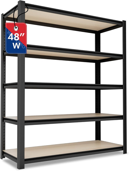 WORKPRO House 5-Tier Shelving Unit, Adjustable Heavy Duty Storage Shelves, Wood Grain Pattern, Waterproof Board, 3000lbs Boltless Shelving for Kitchen, Living Room, Garage, 48"W x 24"D x 72"H, Black
