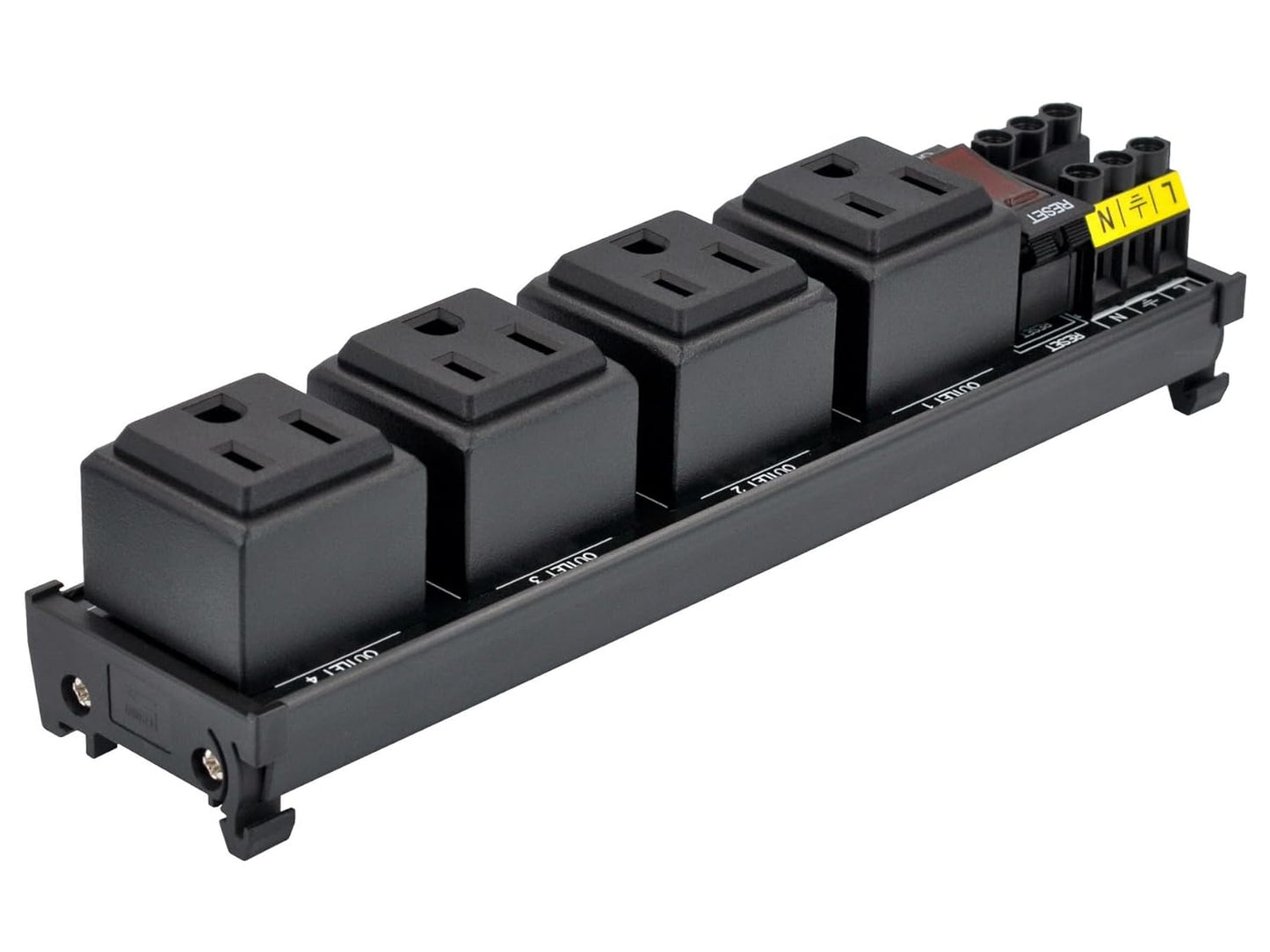 DIN Rail Mount AC 120V NEMA 5-15R 4 Receptacles Outlet Power Strip Module, with Rocker Switch Thermal Circuit Breaker Overload Protector