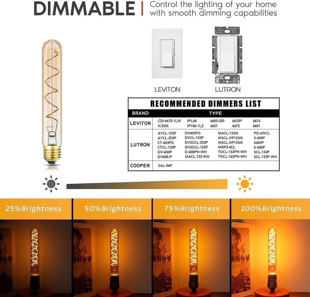 Dimmable T10 LED Bulbs, Warm White 2200K Amber, 7.3inch Long Tubular Light Bulb, 40 Watt Vintage Edison LED Filament Bulb,400lm,E26 Base Led Tube Bulb,Amber Glass,Pack of 4