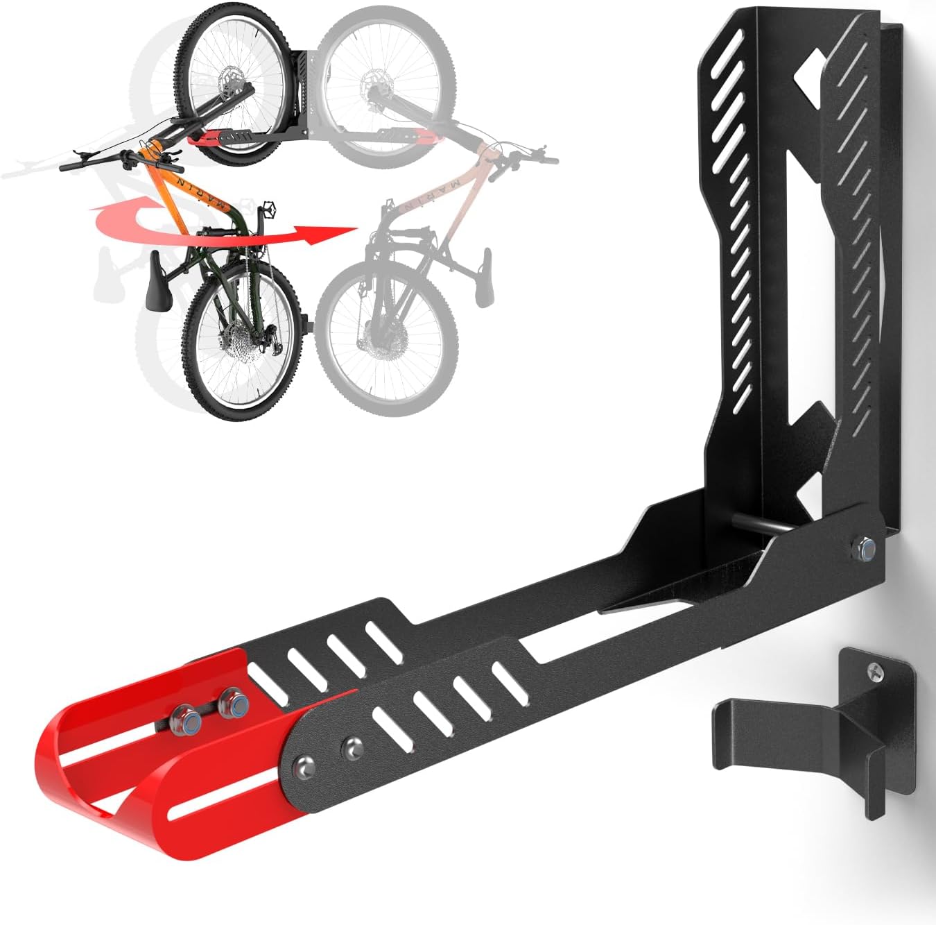 Swivel Bike Wall Mount, Space Saving Bike Rack Garage, No Heavy Lifting Required Bicycle Wall Mount, Vertical Wall Bike Hanger Can Holds up to 77 lbs, Red