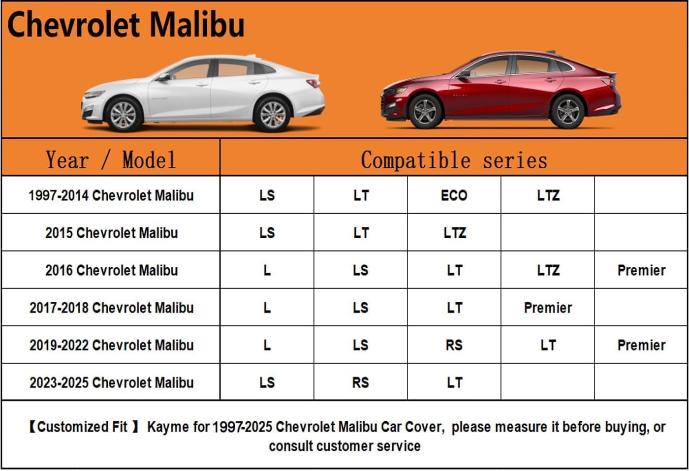 Kayme 6 Layers Car Cover Custom Fit for Chevrolet Chevy Malibu (1997-2025) Waterproof All Weather for Automobiles, Outdoor Full Cover Rain Sun UV Protection.Silver