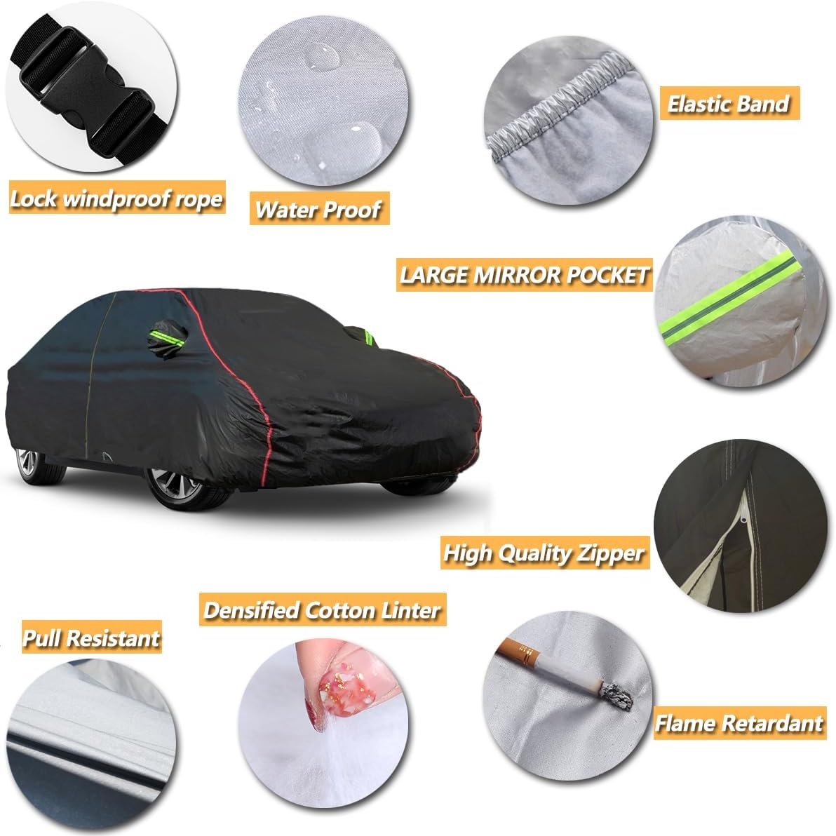 AUQDD 6-Layers PEVA New Material Sedan SUV Full Padded Car Cover Waterproof All Weather Weatherproof UV Sun Protection Snow Dust Storm Resistant Outdoor Exterior Custom Form-Fit Straps 197"-208"Black