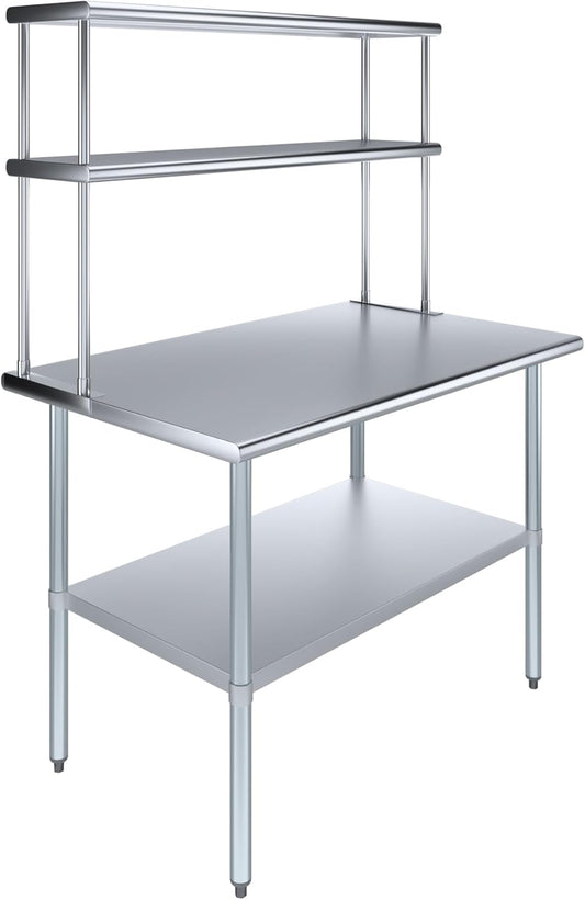 Amgood Stainless Steel Work Table Double Tier Overshelf | Metal Kitchen Prep Table & Shelving Combo (30" x 48" Work Table + 12" Overshelf)