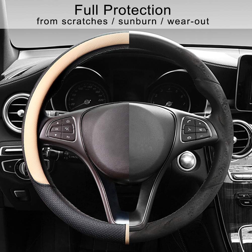 COFIT Breathable Car Steering Wheel Cover 15 inch Auto Universal Leather Wrap Non-Slip Steeringwheel Protector Automotive Interior Accessories, Beige (Suit for 14.5-15 inch)
