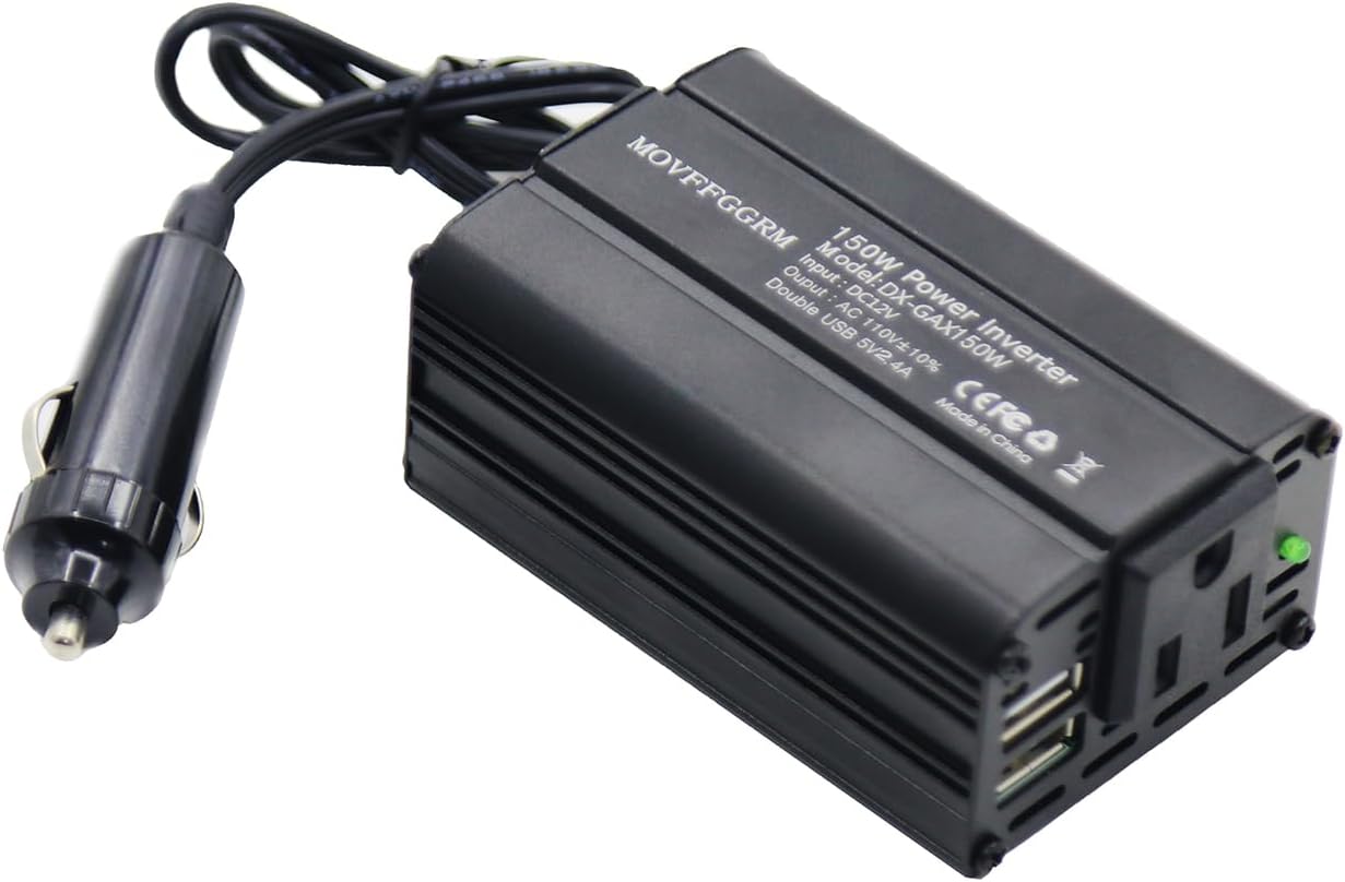 150W Power Inverter 12V DC to 110V AC Car Plug Adapter Outlet Converter with 2.4A Dual USB AC car Charger for Laptop Computer Black