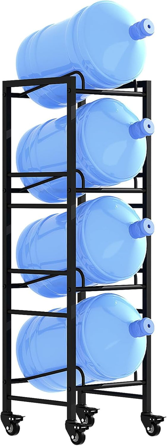 4 Tier 5 Gallon Water Rack with 4 Lockable Wheels - Water Bottle Jugs Holder Organizer with Movable Casters, Heavy Duty Water Storage Rack Dispenser Stand for Kitchen Office Garage/Black