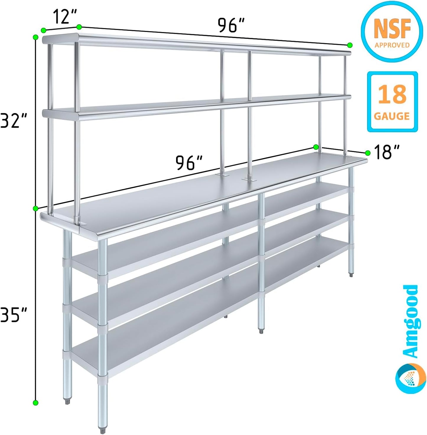 Amgood 18" x 96" Stainless Steel Work Table with 3 Shelves and 12" Wide Double Tier Overshelf | Metal Kitchen Prep Table & Shelving Combo | NSF