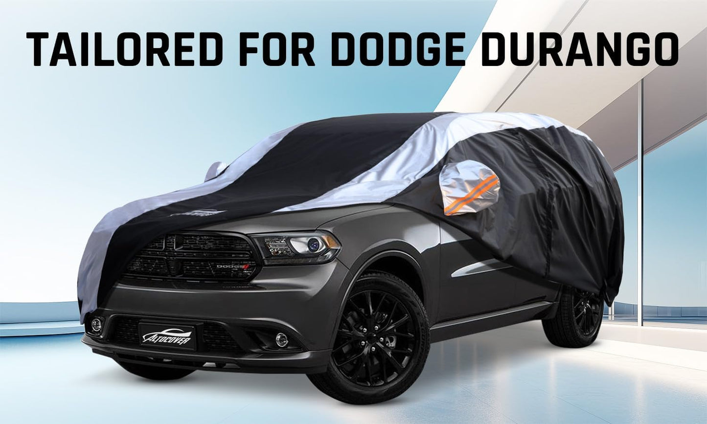 Dodge Durango Car Cover Waterproof All Weather with Silver Strip Design, Custom Fit for Dodge Durango 2005–2025, Durango Accessory with Door Zipper & Windproof Straps