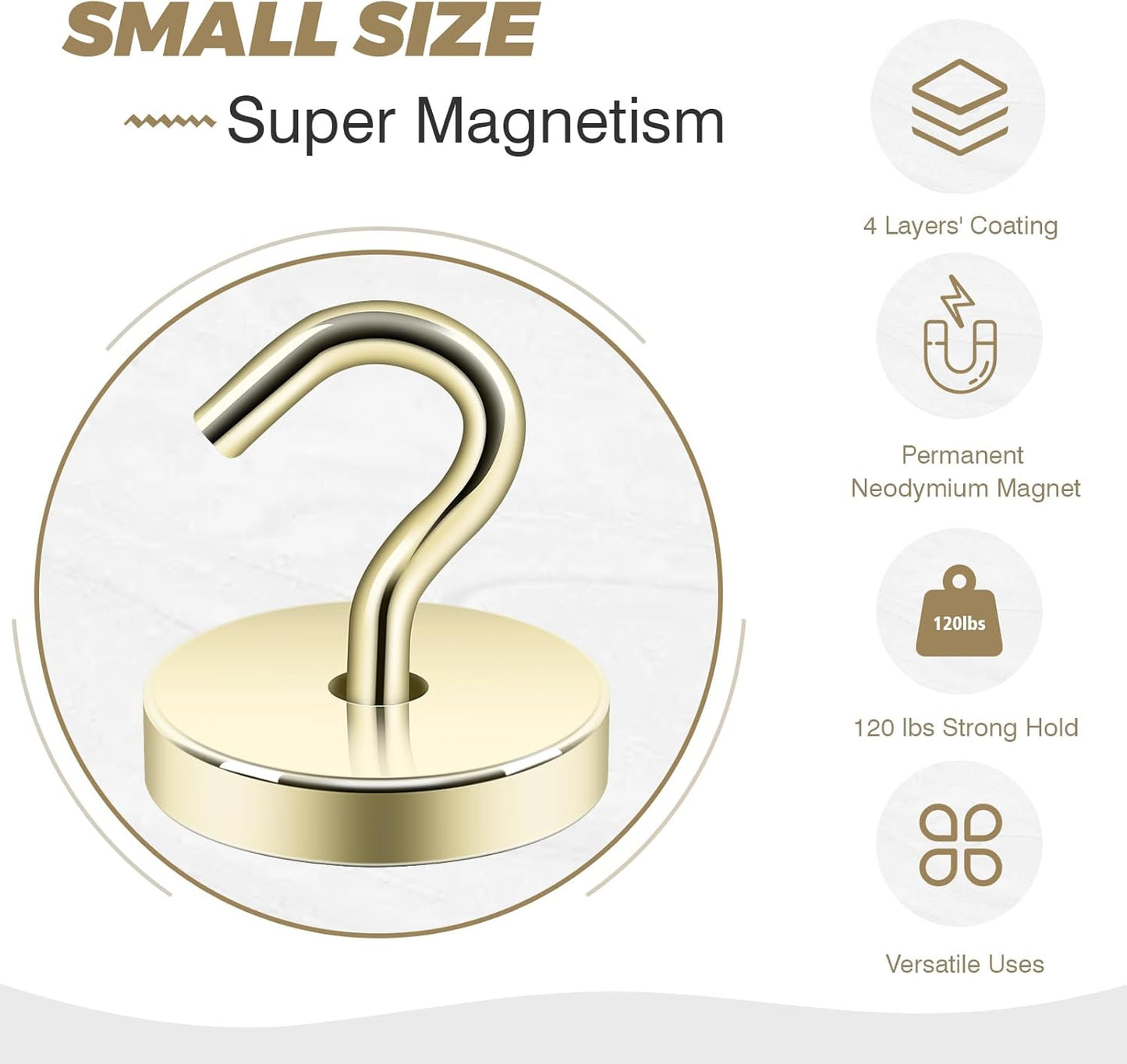 Neosmuk Magnetic Hooks, Cruise Ship Essentials, 120lb+ Heavy Duty Magnetic Hooks for Cruise Cabins, Refrigerator, Grill, Hanging, and Travel | Extra Strong Must-Haves Magnet Hook,Gold,Pack of 10