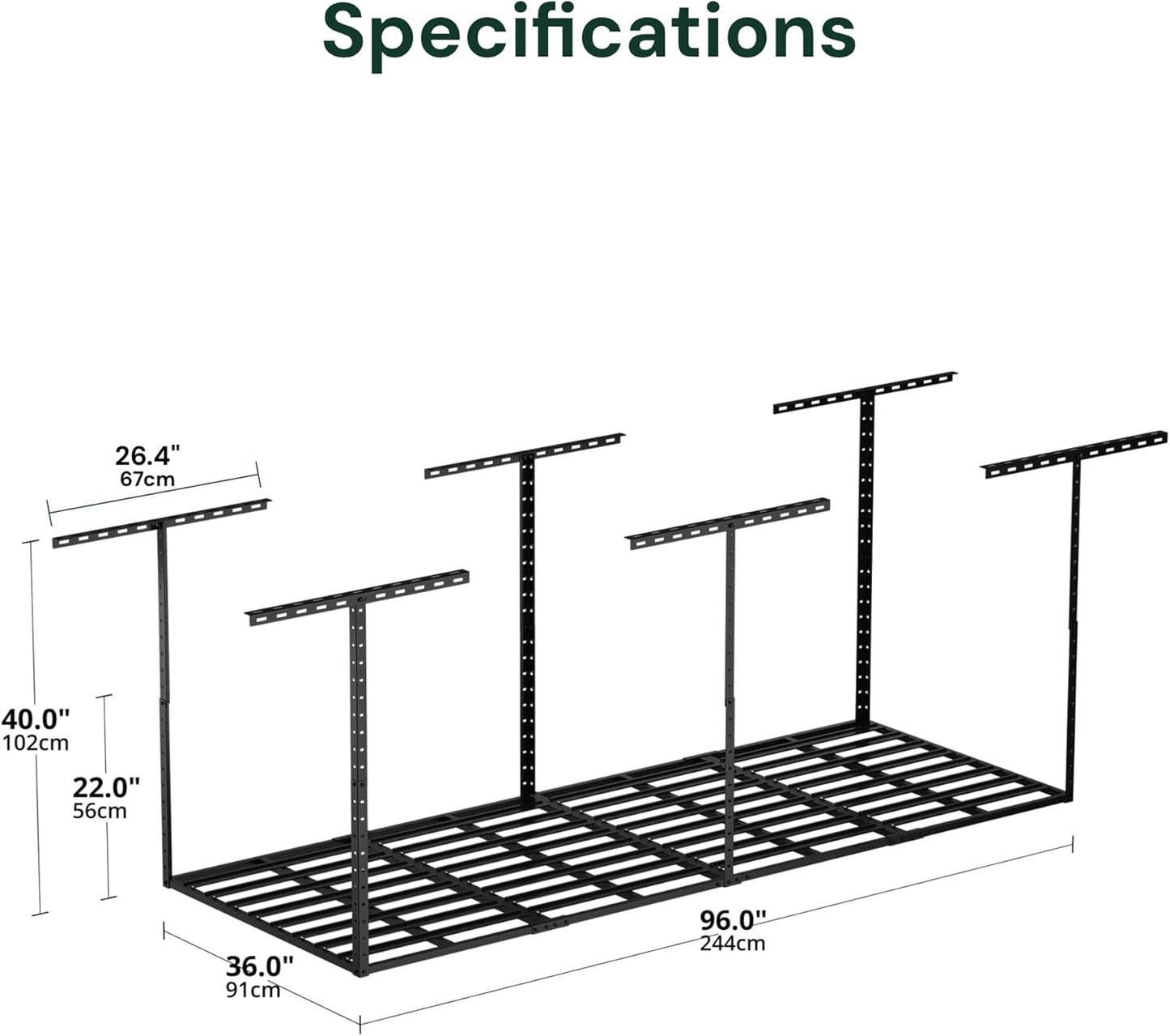 SunsGrove 3x8 Garage Storage Overhead Rack Organization, Adjustable Ceiling Mounted Storage Racks, 800LBS Weight Capacity, 22"-40" Ceiling Dropdown, Black