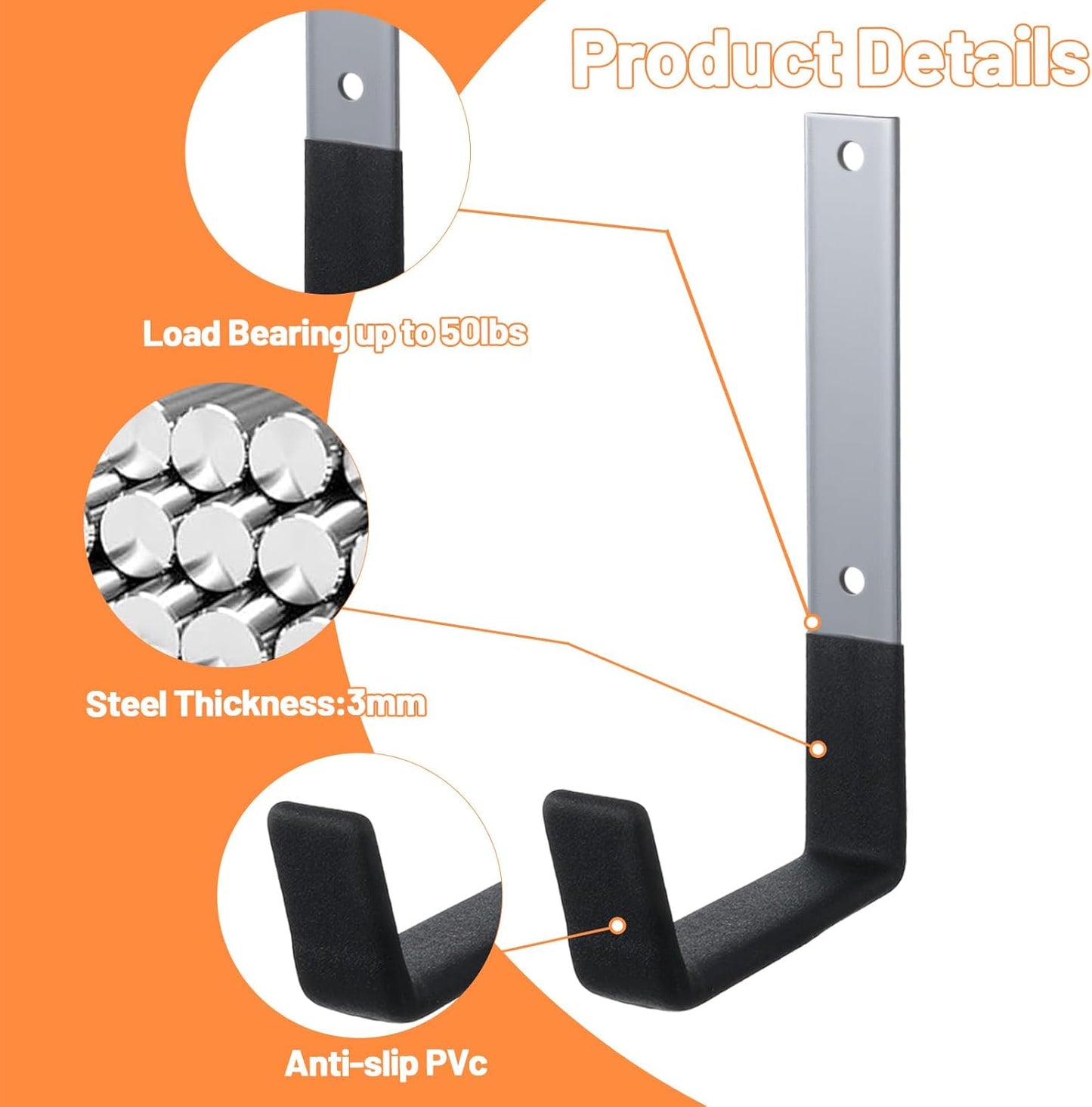 Heavy Duty Garage Hooks 8-Pack Wall Mount Storage Hooks for Bike, Ladder, Garden Hose, Chainsaw, Shovel, and Utility Tools - 55lbs Capacity, Black