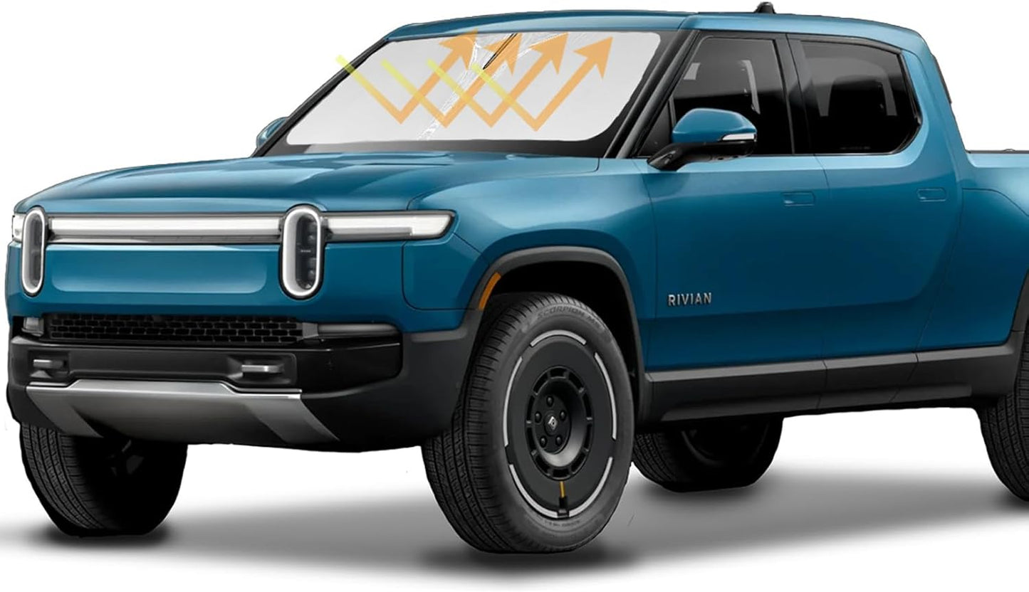 Sunshade for Rivian R1T Windshield Sun Shade Custom Fit for 2022 2023 2024 2025 Rivian R1T Truck Accessories Windshield Cover, 4-Layer Car Front Window Sun Visor Shield Foldable Protector Block UV Ray