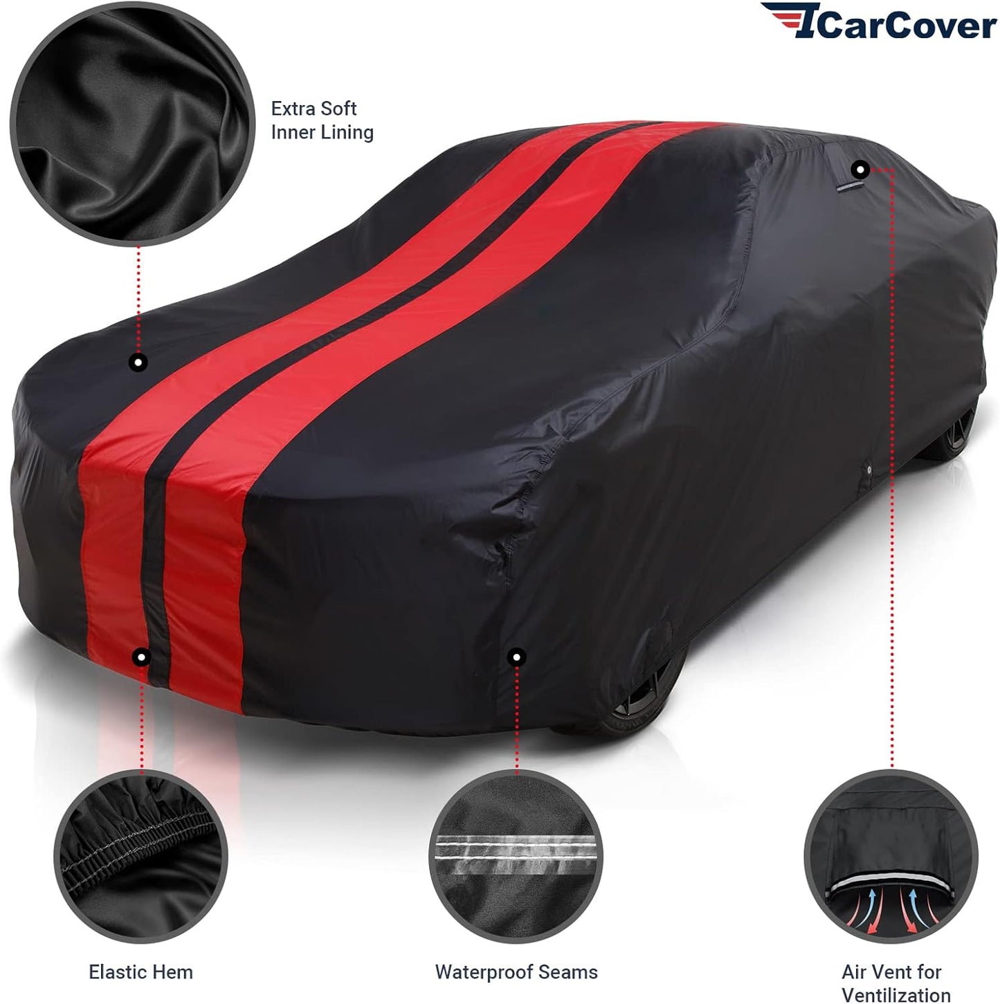 iCarCover Custom Car Cover for 1969-1973 Ford Mustang Waterproof All Weather Rain Snow UV Sun Protector Full Exterior Indoor Outdoor Car Cover (Stripe - Black/Red)