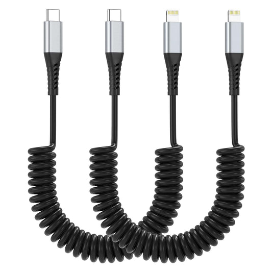 Coiled USB C to Lightning Cable, 2 Pack Retractable iPhone Charging Cable for Car, 3FT USBC to Lightning Cable for iPhone 14 13 12 11 Pro Max Mini 10 8 7 Plus XR XS SE, AirPod