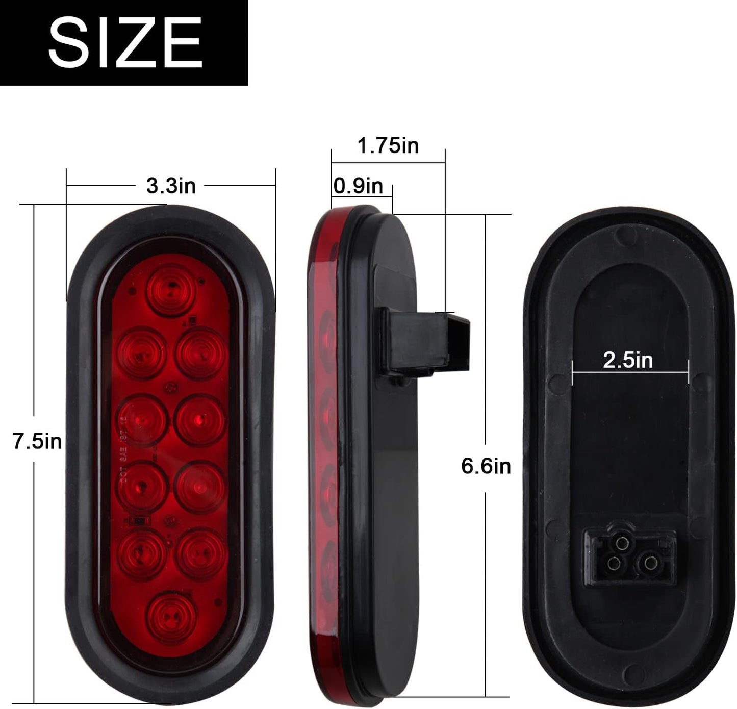 6 Inch Oval LED Trailer Tail Lights 10 LED, 10Pcs Trailer Truck Brake RED 6" Oval Led Stop Turn Tail Lights Sealed Flush Mount Waterproof w/Rubber Grommets 3 Prong Wire Plug Pigtails 12V