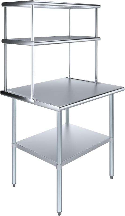 Amgood Stainless Steel Work Table Double Tier Overshelf | Metal Kitchen Prep Table & Shelving Combo (30" x 36" Work Table + 18" Overshelf)