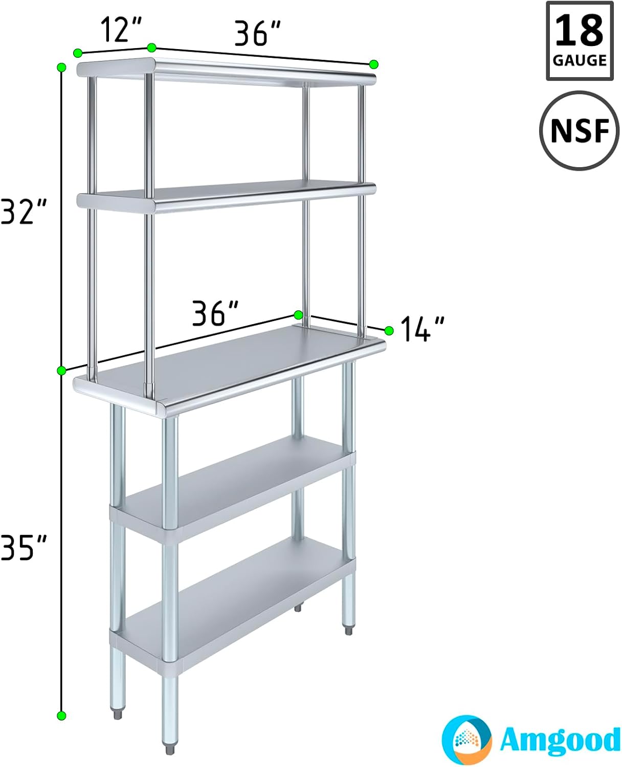 Amgood Stainless Steel Work Table with 2 Shelves | Metal Kitchen Prep Table & Shelving Combo (14" x 36" Table with 2 Shelves + 12" Overshelf)