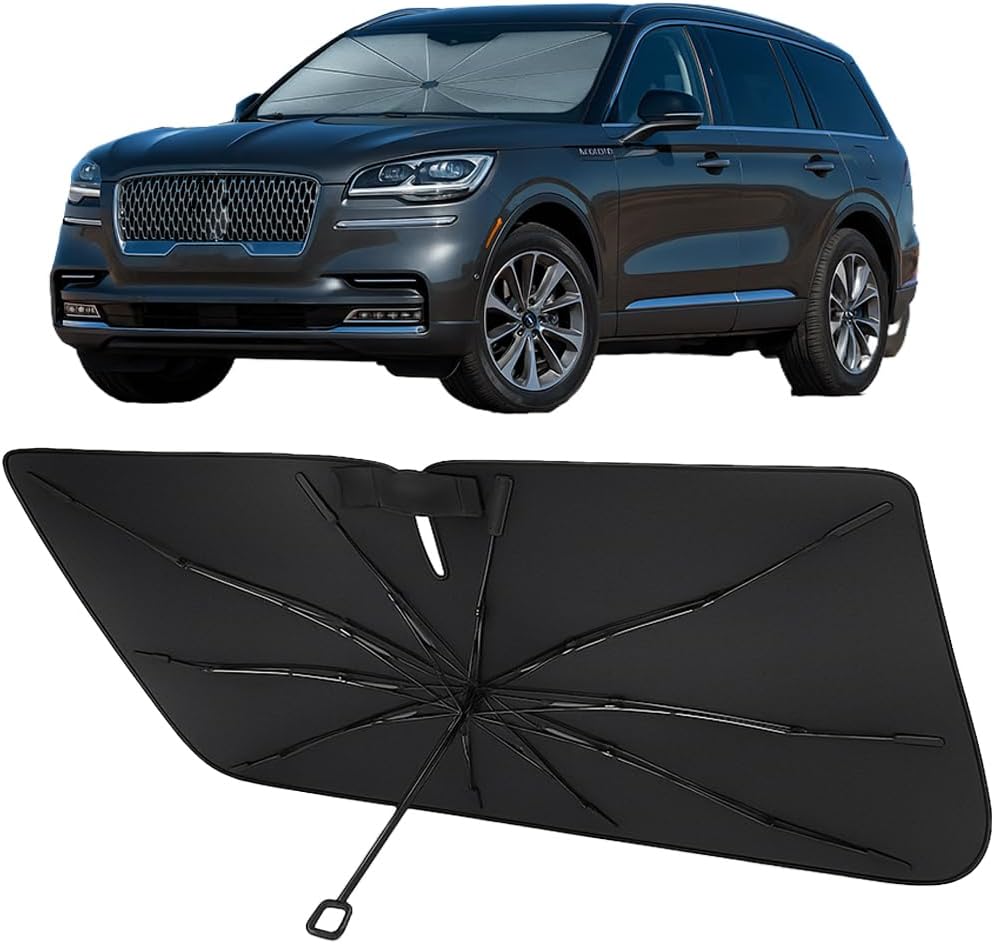 Proadsy Windshield Sun Shade Umbrella for Lincoln Aviator 2020-2025 Foldable Car Umbrella Sunshade with Soft TPU Handle Spring Structure Crystal Cooling Material Protect Car from Rays & Heat