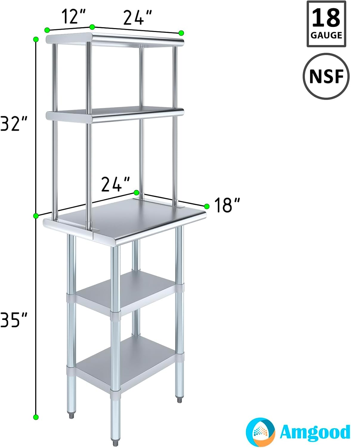 Amgood Stainless Steel Work Table with 2 Shelves | Metal Kitchen Prep Table & Shelving Combo (18" x 24" Table with 2 Shelves + 12" Overshelf)